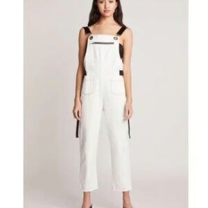 White Denim and Faux Leather Overalls with Chrome Detailing